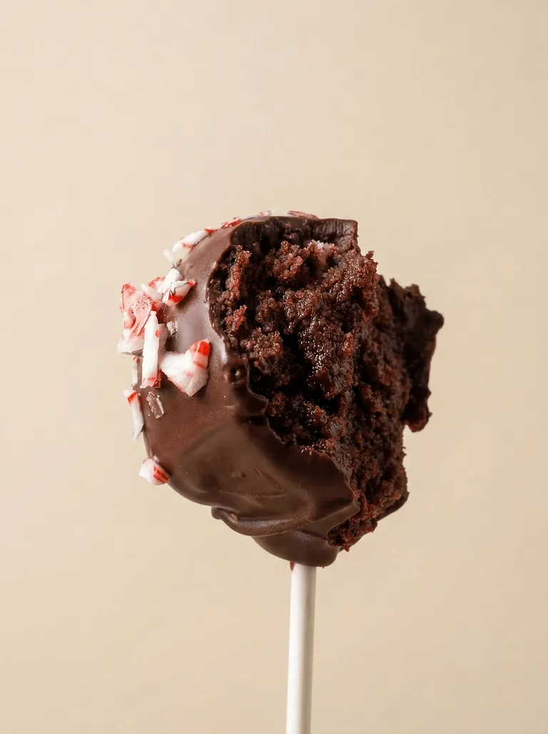 A bitten chocolate peppermint cake pop showing moist interior